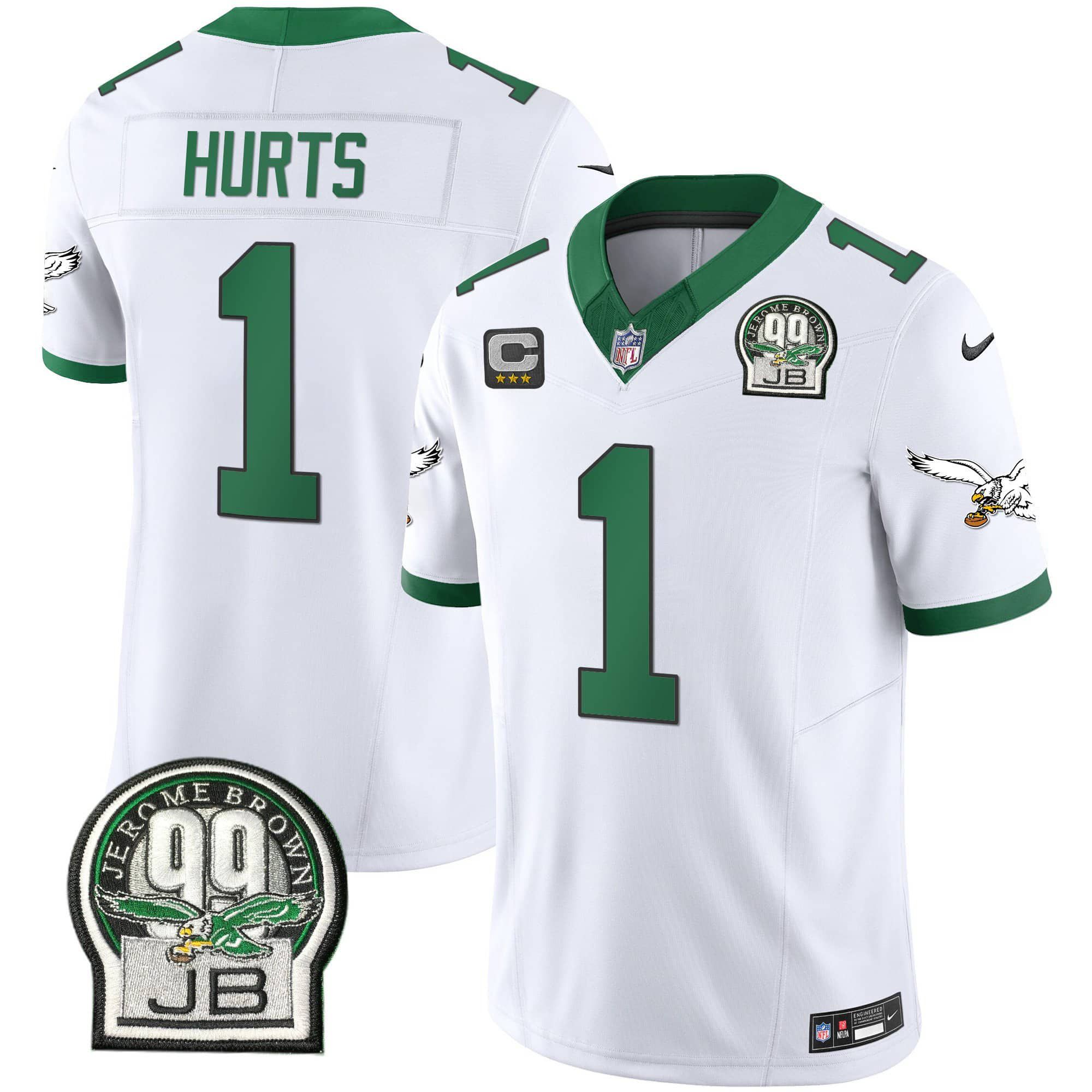 Men Philadelphia Eagles #1 Hurts White 2024 Nike Jerome Brown Patch Alternate Limited NFL Jersey